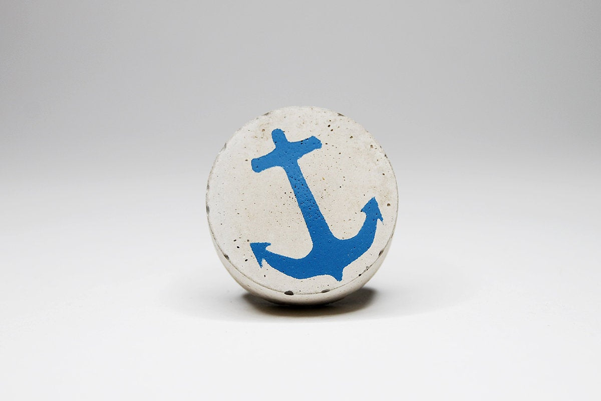 Concrete Round Cabinet Knob with a large Nautical Anchor Design. Choose from various colours